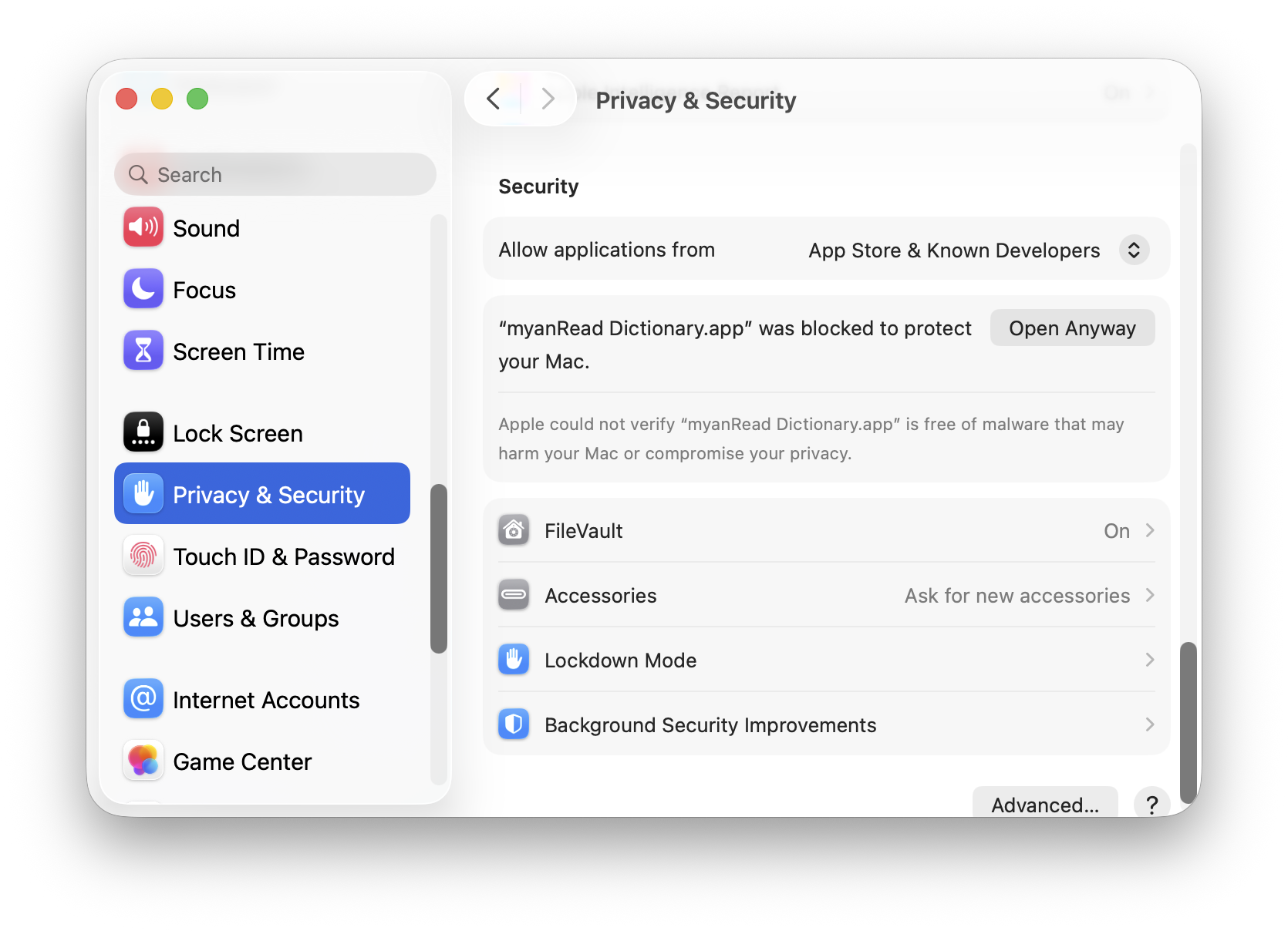 Privacy & Security settings — Open Anyway ခလုတ်